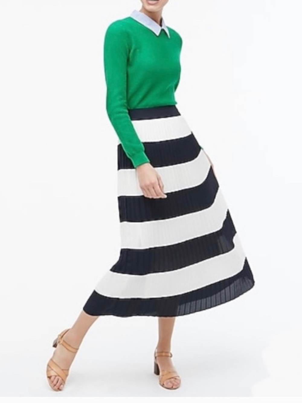 J.Crew Navy White Stripe Pleated Midi Maxi Skirt Size 6